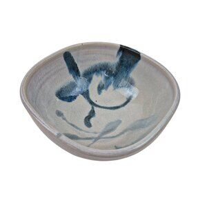 Handmade Stoneware Pottery Bowl Blue Gray Brushstroke Design Small Dish Glazed